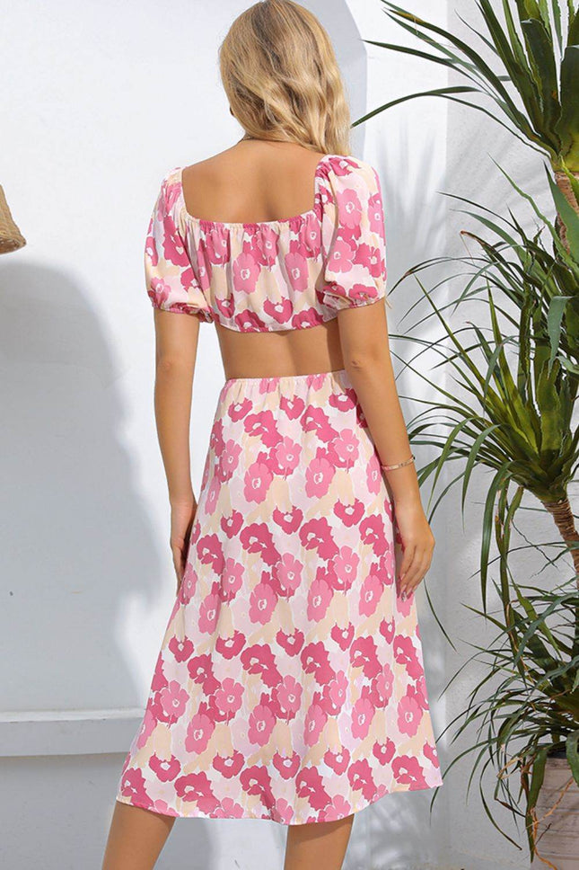 Floral Cutout Square Neck Puff Sleeve Dress - MimiStylez