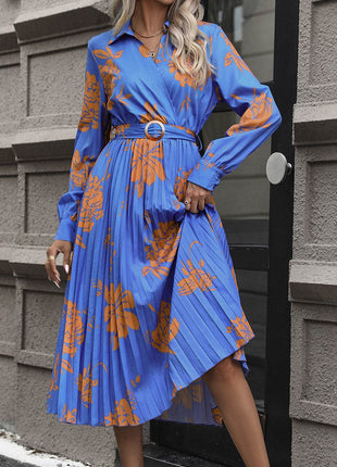 Floral Pleated Surplice Long Sleeve Midi Dress - MimiStylez