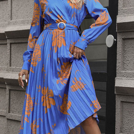 Floral Pleated Surplice Long Sleeve Midi Dress - MimiStylez