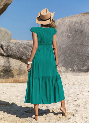 Embroidered Square Neck Cap Sleeve Dress - MimiStylez