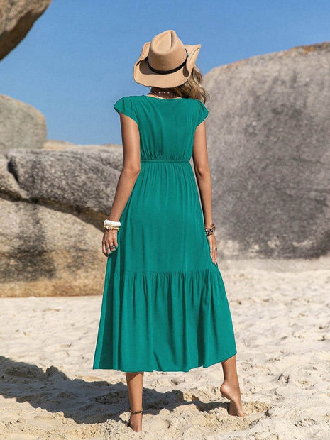Embroidered Square Neck Cap Sleeve Dress - MimiStylez