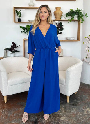 Double Take Full Size Surplice Wide Leg Jumpsuit with Pockets - MimiStylez