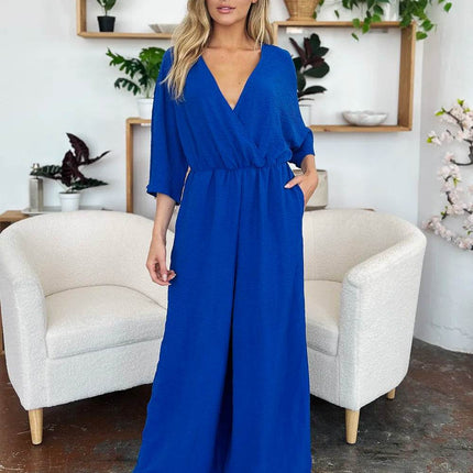 Double Take Full Size Surplice Wide Leg Jumpsuit with Pockets - MimiStylez