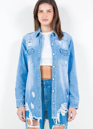 American Bazi Frayed Hem Distressed Denim Shirt Jacket - MimiStylez