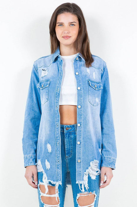 American Bazi Frayed Hem Distressed Denim Shirt Jacket - MimiStylez