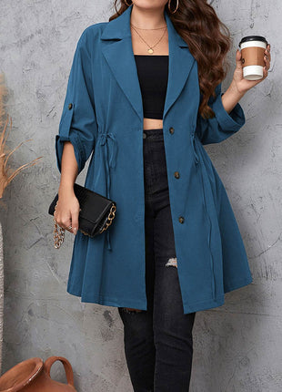 Plus Size Lapel Collar Drawstring Roll-Tab Sleeve Trench Coat - MimiStylez