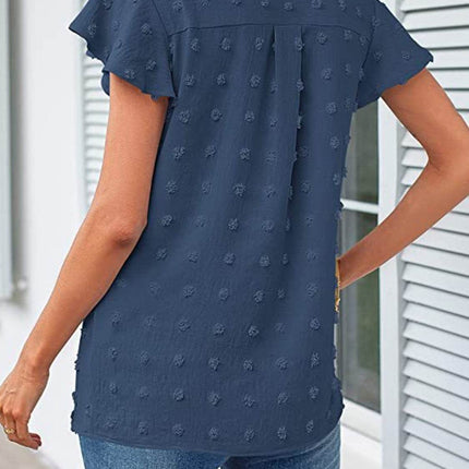 Swiss Dot Notched Cap Sleeve Blouse - MimiStylez