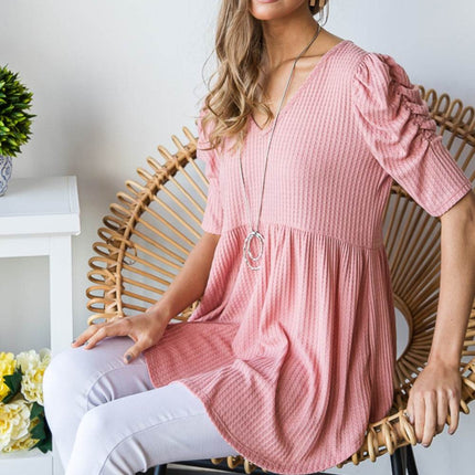 Heimish Full Size Waffle Knit V-Neck Babydoll Top - MimiStylez