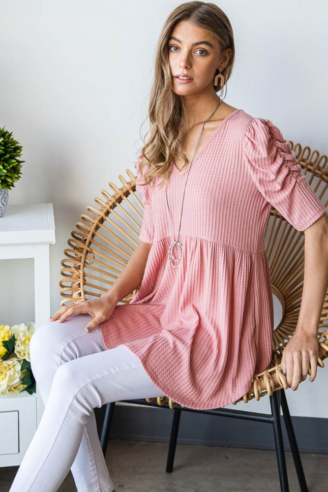Heimish Full Size Waffle Knit V-Neck Babydoll Top - MimiStylez