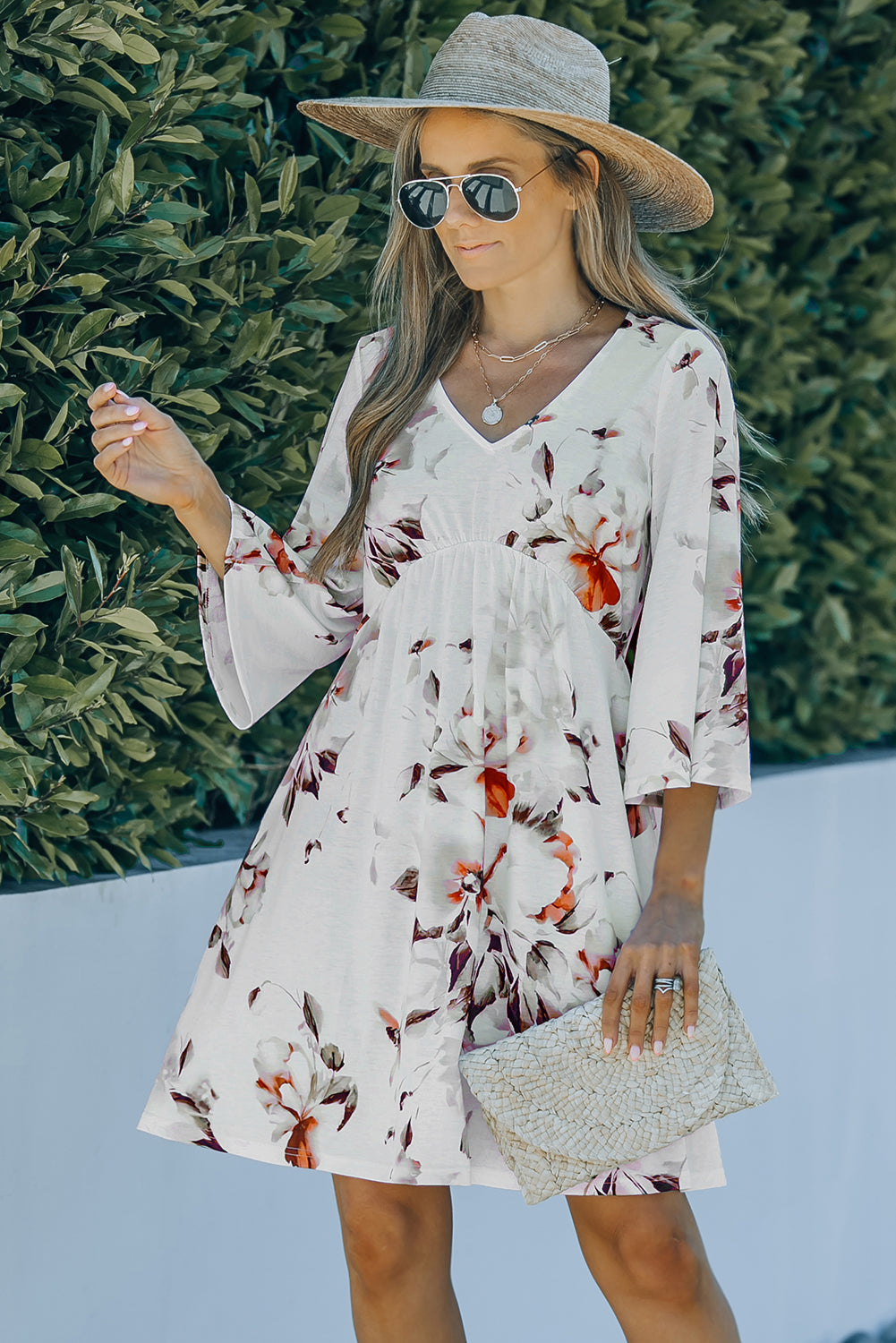 Floral V-Neck Three-Quarter Sleeve Mini Dress