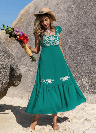 Embroidered Square Neck Cap Sleeve Dress - MimiStylez