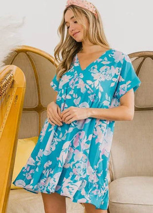 BiBi Floral Crinkle Shirred Ruffle Detail V Neck Dress - MimiStylez