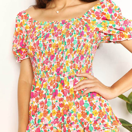 Smocked Sweetheart Neck Flounce Sleeve Mini Dress - MimiStylez