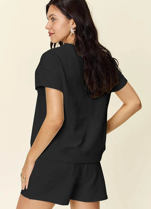 Double Take Full Size Texture Short Sleeve T-Shirt and Drawstring Shorts Set - MimiStylez