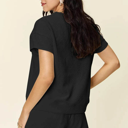 Double Take Full Size Texture Short Sleeve T-Shirt and Drawstring Shorts Set - MimiStylez