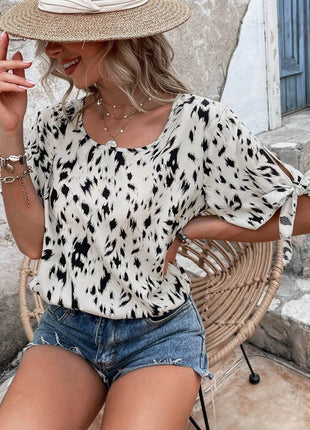 Tied Printed Boat Neck Blouse - MimiStylez