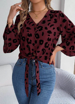 Tied Button Up Leopard V-Neck Blouse - MimiStylez