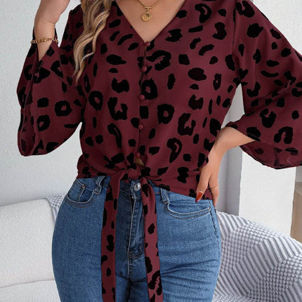 Tied Button Up Leopard V-Neck Blouse - MimiStylez