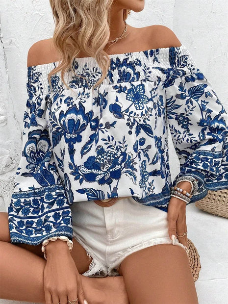 Smocked Printed Off-Shoulder Blouse - MimiStylez