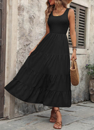 Smocked Scoop Neck Sleeveless Tank Dress - MimiStylez