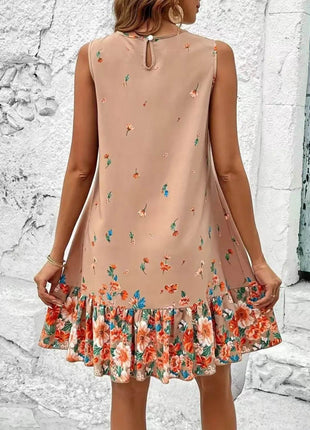 Ruffled Hem Floral Sleeveless Mini Tank Dress - MimiStylez