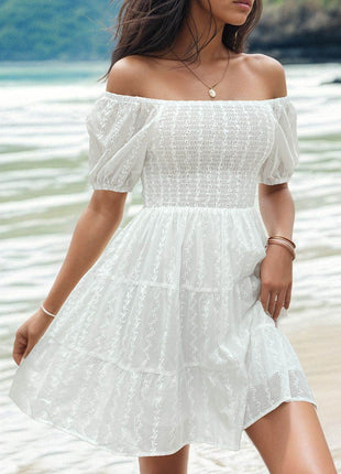 Smocked Eyelet Off-Shoulder Mini Dress - MimiStylez