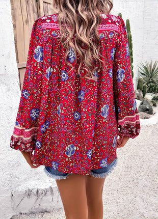 Printed Tie Neck Long Sleeve Blouse - MimiStylez
