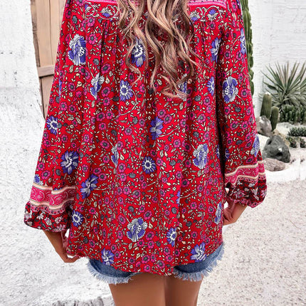 Printed Tie Neck Long Sleeve Blouse - MimiStylez