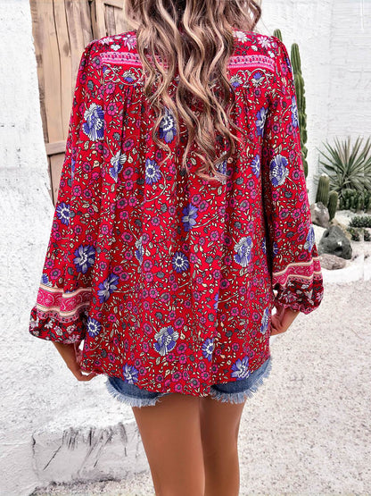 Printed Tie Neck Long Sleeve Blouse - MimiStylez