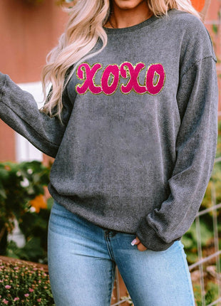 XOXO Sequin Round Neck Dropped Shoulder Sweatshirt - MimiStylez