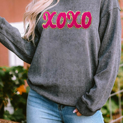XOXO Sequin Round Neck Dropped Shoulder Sweatshirt - MimiStylez