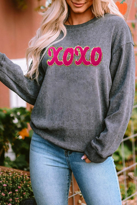 XOXO Sequin Round Neck Dropped Shoulder Sweatshirt - MimiStylez