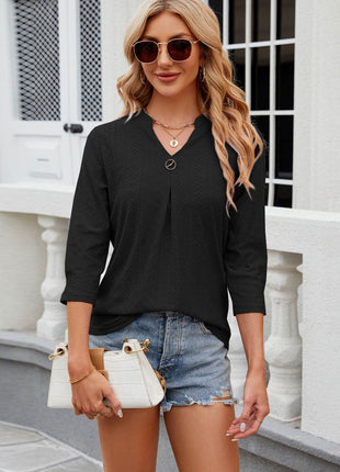 Eyelet Notched Knit Jacquard Top - MimiStylez