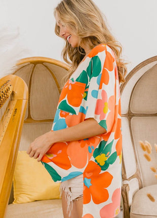 BiBi Floral V Neck Slit Side T-Shirt - MimiStylez