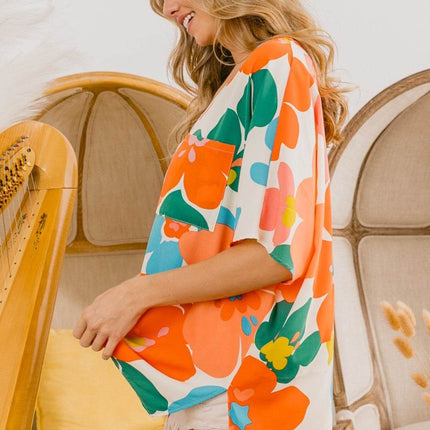 BiBi Floral V Neck Slit Side T-Shirt - MimiStylez