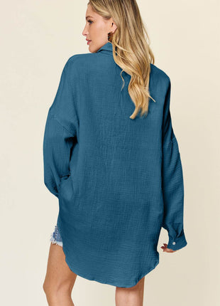 Double Take Full Size Pocketed Texture Button Up Shirt - MimiStylez