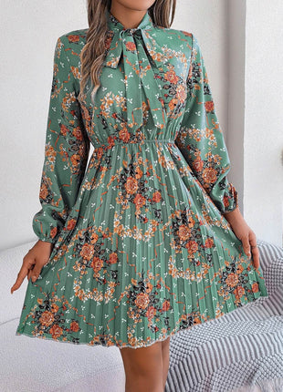 Pleated Printed Tie Neck Long Sleeve Dress - MimiStylez
