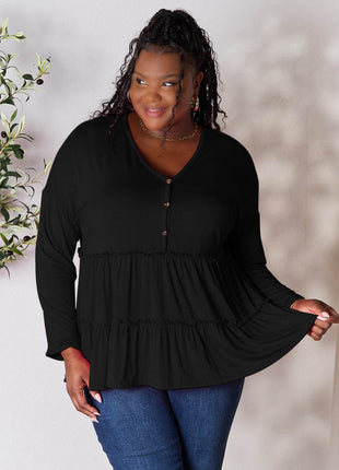Double Take Half Button Long Sleeve Ruffle Hem Blouse - MimiStylez