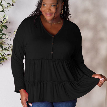 Double Take Half Button Long Sleeve Ruffle Hem Blouse - MimiStylez