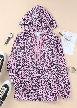 Drawstring Leopard Half Zip Hoodie - MimiStylez
