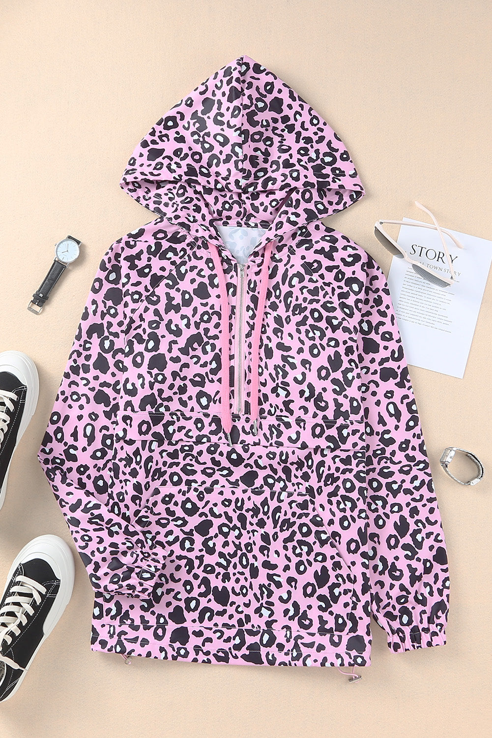 Sudadera con capucha y media cremallera con estampado de leopardo y cordón