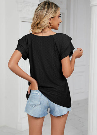 Eyelet Layered Flutter Sleeve V-Neck Knit Top - MimiStylez