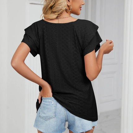 Eyelet Layered Flutter Sleeve V-Neck Knit Top - MimiStylez