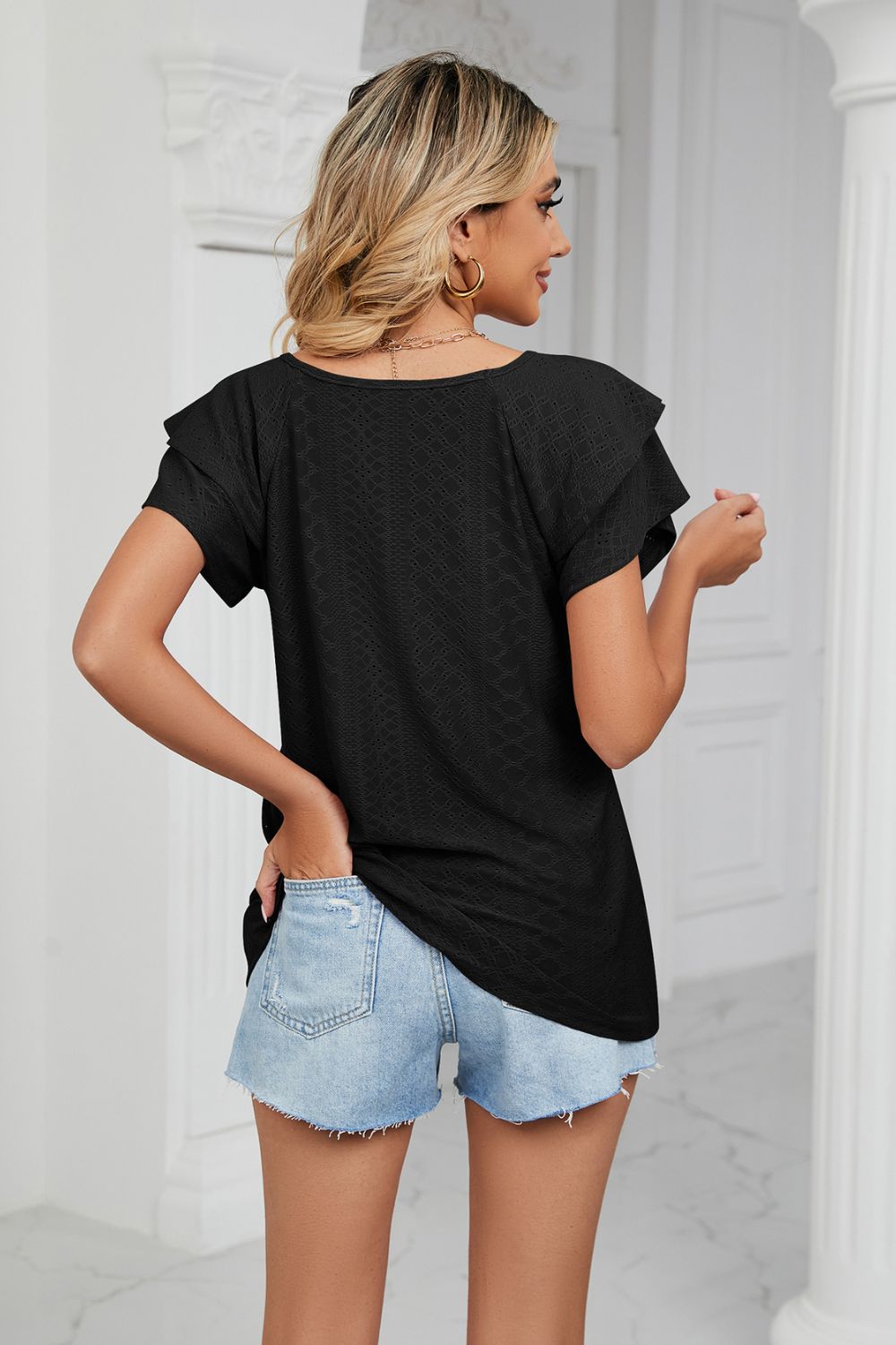 Eyelet Layered Flutter Sleeve V-Neck Knit Top