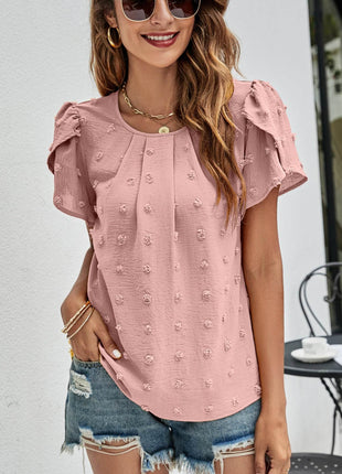 Swiss Dot Round Neck Petal Sleeve Top - MimiStylez