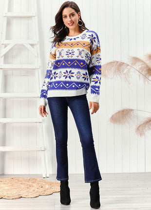 Snowflake Pattern Round Neck Sweater - MimiStylez
