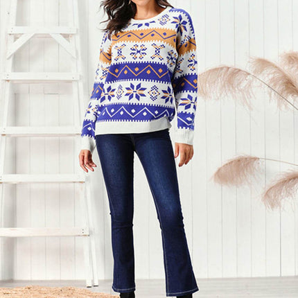 Snowflake Pattern Round Neck Sweater - MimiStylez