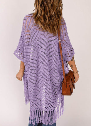 Openwork Open Front Cardigan with Fringes - MimiStylez
