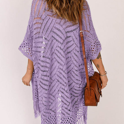 Openwork Open Front Cardigan with Fringes - MimiStylez