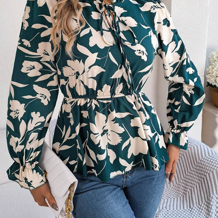 Printed Tie Neck Flounce Sleeve Blouse - MimiStylez